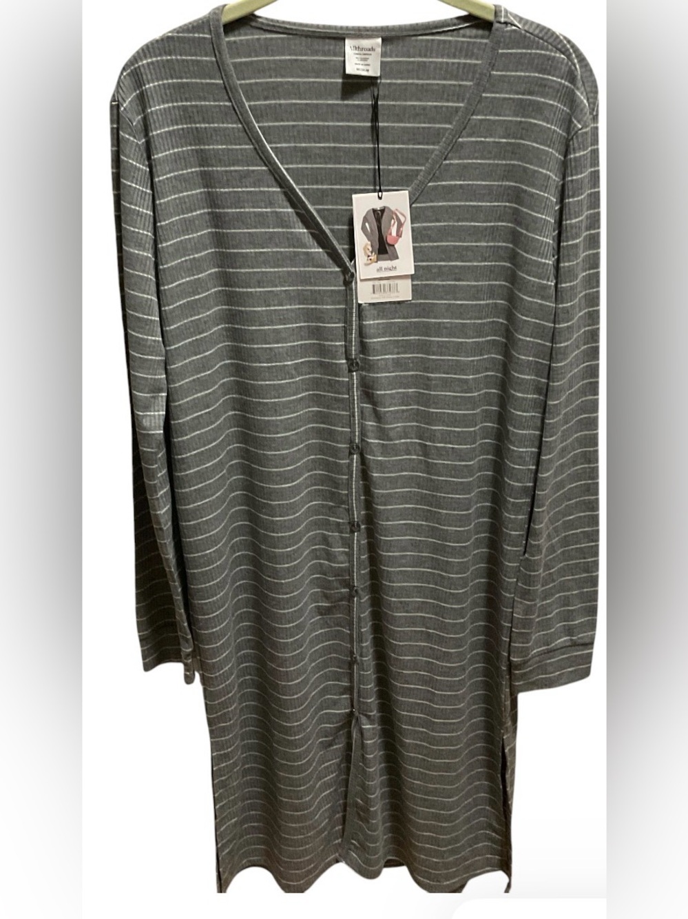 Striped Long Sleeve Gray Button-Front Nightdress